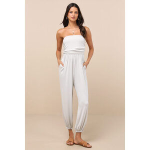 Lulus Flawless Comfort Bone Ruched Strapless Jogger Jumpsuit White - Size M
